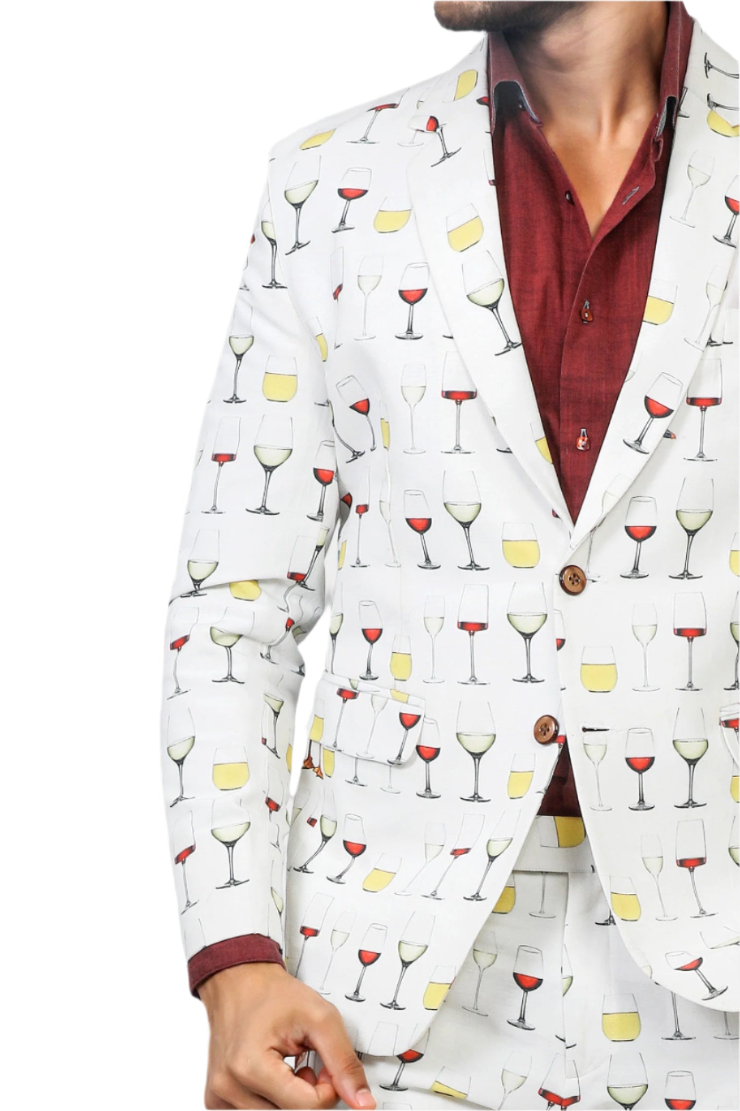 Man wearing a white suit jacket with colorful drink pattern and red shirt underneath.