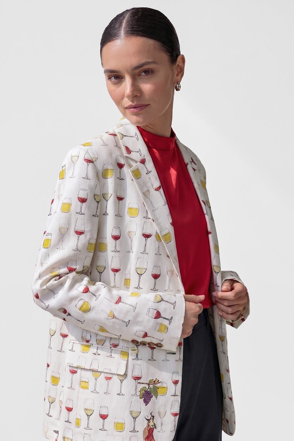 Jam women's hemp boyfriend blazer styled open over a red top