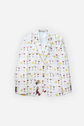 Jam hemp-cotton blazer laid flat, showing the all-over wine glass and fox print in red, yellow and green