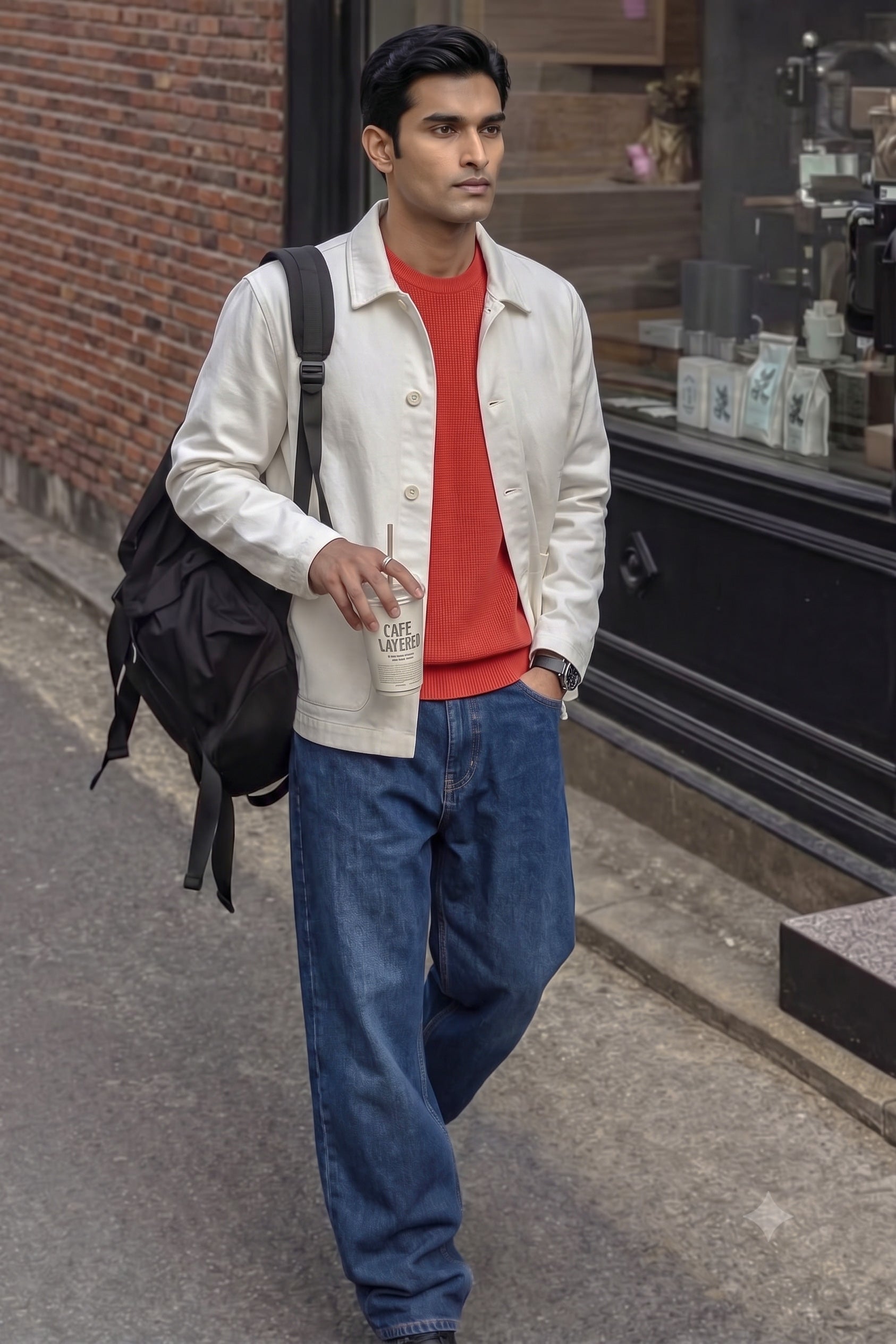 A man walking on a city street wearing a cream-colored linen jacket over a red crewneck shirt, blue jeans, and carrying a black backpack.