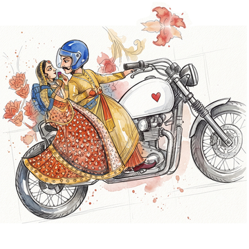 Illustrated scene of a man in a blue helmet riding a motorcycle with a woman in ornate traditional clothing seated behind him, on a light background with floral accents.