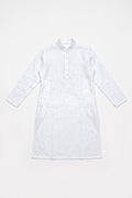 A white long-sleeve linen tunic dress with a buttoned collar and front placket, laid flat against a white background.