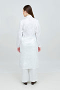 Person wearing a white coat and pants on a white background