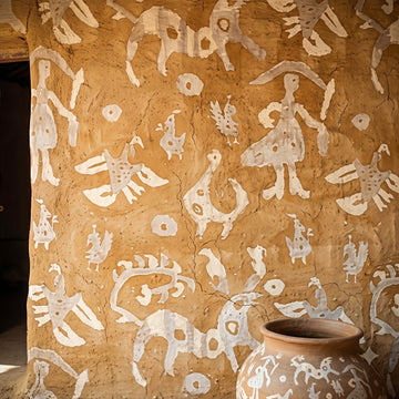 A textured adobe wall decorated with hand-painted white pictorial figures and symbols, with a large terracotta pot in the foreground.