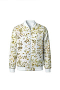 A white zip-up bomber jacket with an all-over muted olive green and beige botanical leaf eco-print, shown against a plain white background.