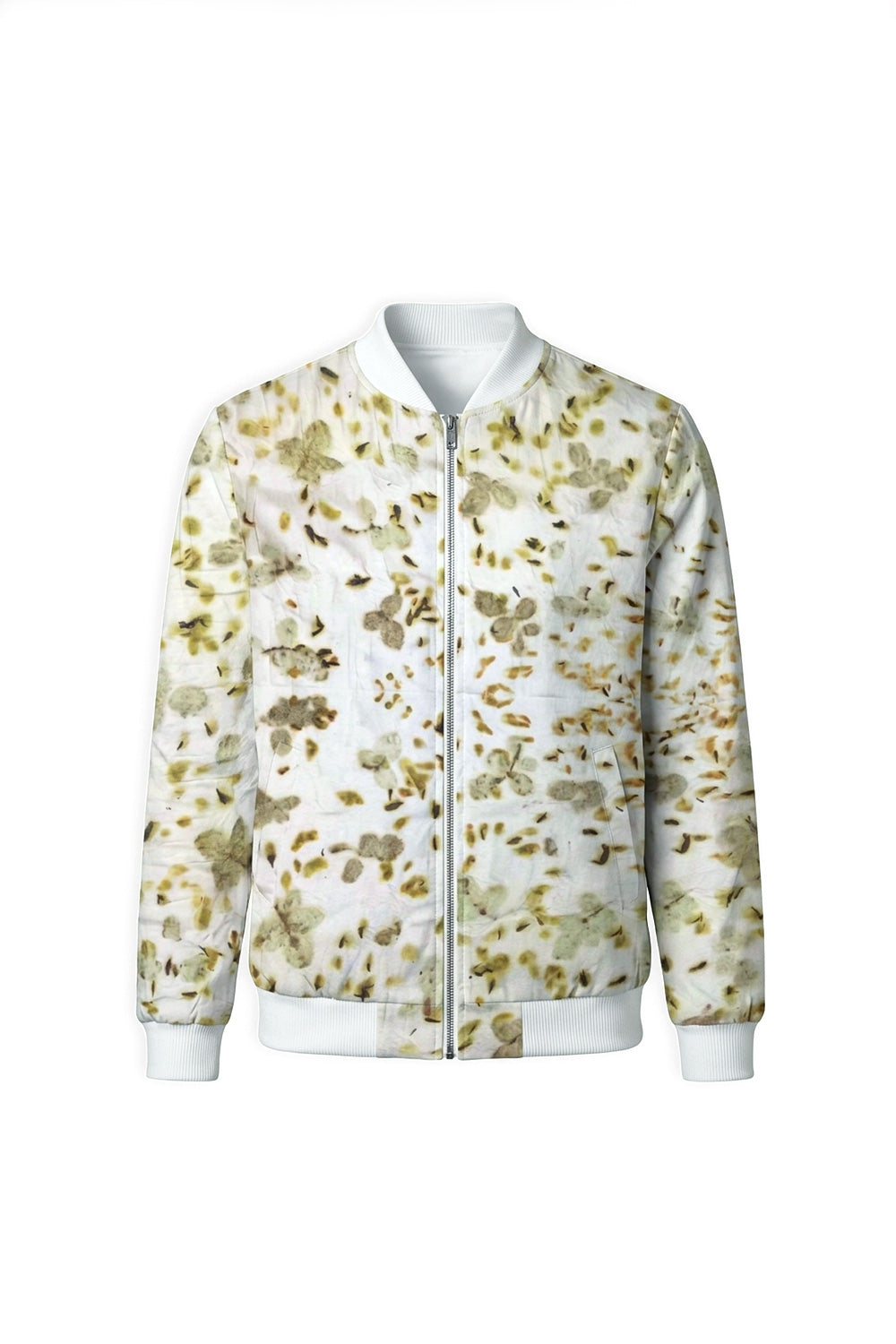 A white zip-up bomber jacket with an all-over muted olive green and beige botanical leaf eco-print, shown against a plain white background.