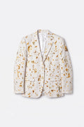 A men's single-breasted hemp blazer in a warm off-white or cream fabric, eco-printed with a scattered pattern of dried golden-brown flower petals, shown against a plain light gray background.