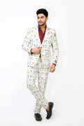 Man wearing a patterned suit on a white background