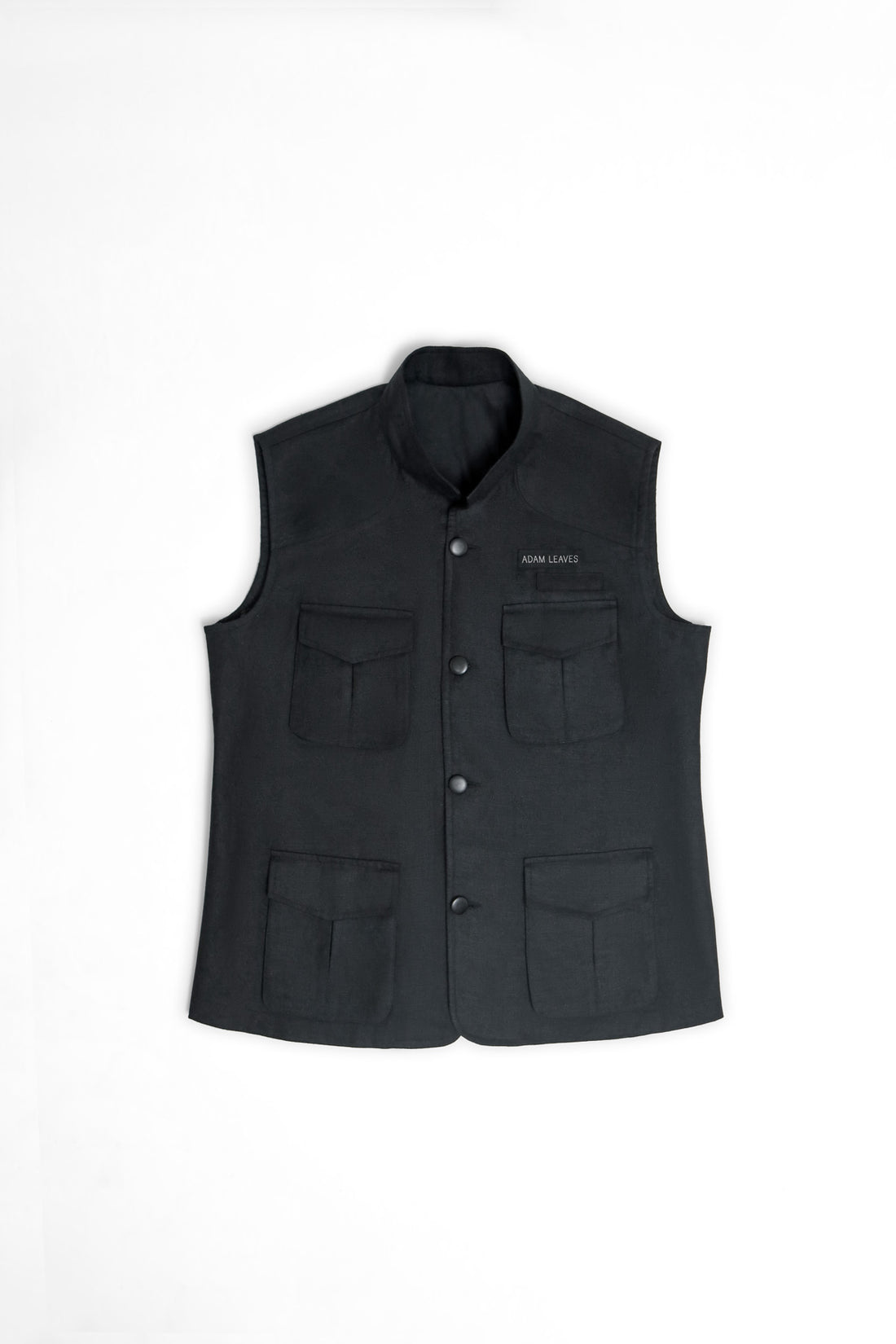 Black vest with multiple pockets on a white background
