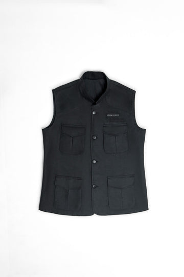 Black vest with multiple pockets on a white background