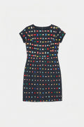 A short-sleeve black linen dress with a colorful grid pattern of small colored squares, shown flat against a light gray background.