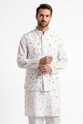Men's sustainable linen kurta with matching Nehru vest, handcrafted with natural botanical eco-print using real leaves and flowers.