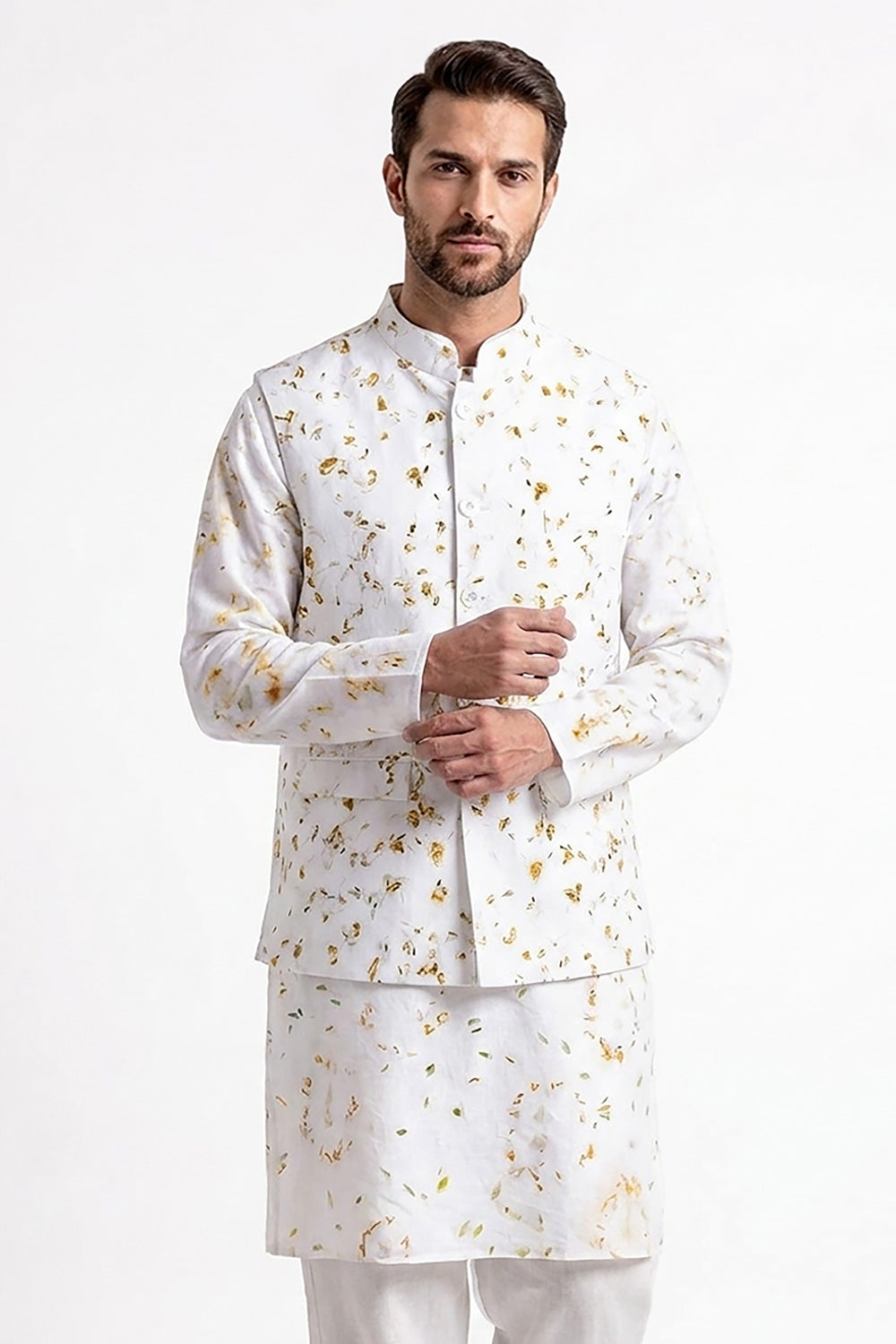Men's sustainable linen kurta with matching Nehru vest, handcrafted with natural botanical eco-print using real leaves and flowers.