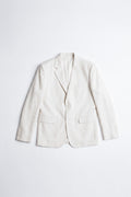 An off-white hemp blazer jacket with notch lapels, a two-button closure, and flap pockets, laid flat against a clean white background.