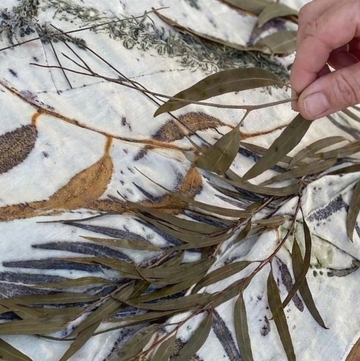 A close-up of a hand holding dried eucalyptus leaves over a white fabric with a brown and gray botanical pattern.
