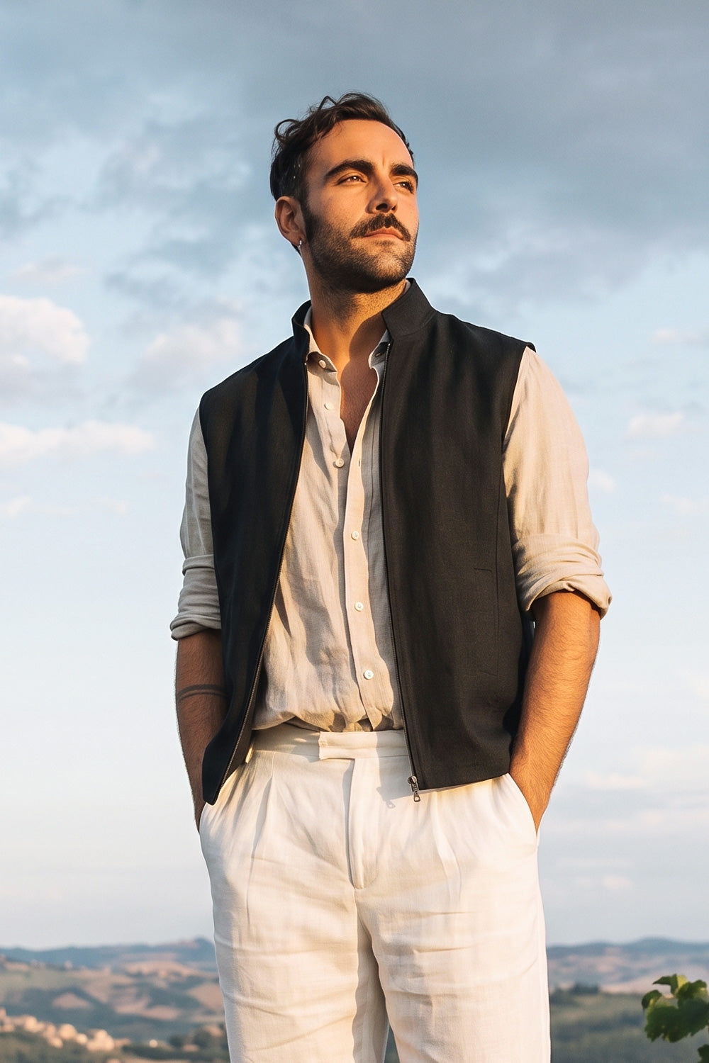 A man wearing a black sleeveless linen vest over a light beige button-up shirt and white trousers, standing outdoors against a cloudy sky with a distant landscape below.