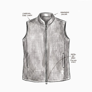 A black and white line drawing of a sleeveless zip-front vest with labeled callouts reading 'CHARCOAL PURE LINEN,' 'MANDARIN COLLAR,' and 'METAL ZIP OPEN (Two-way slider),' shown on a plain white background.