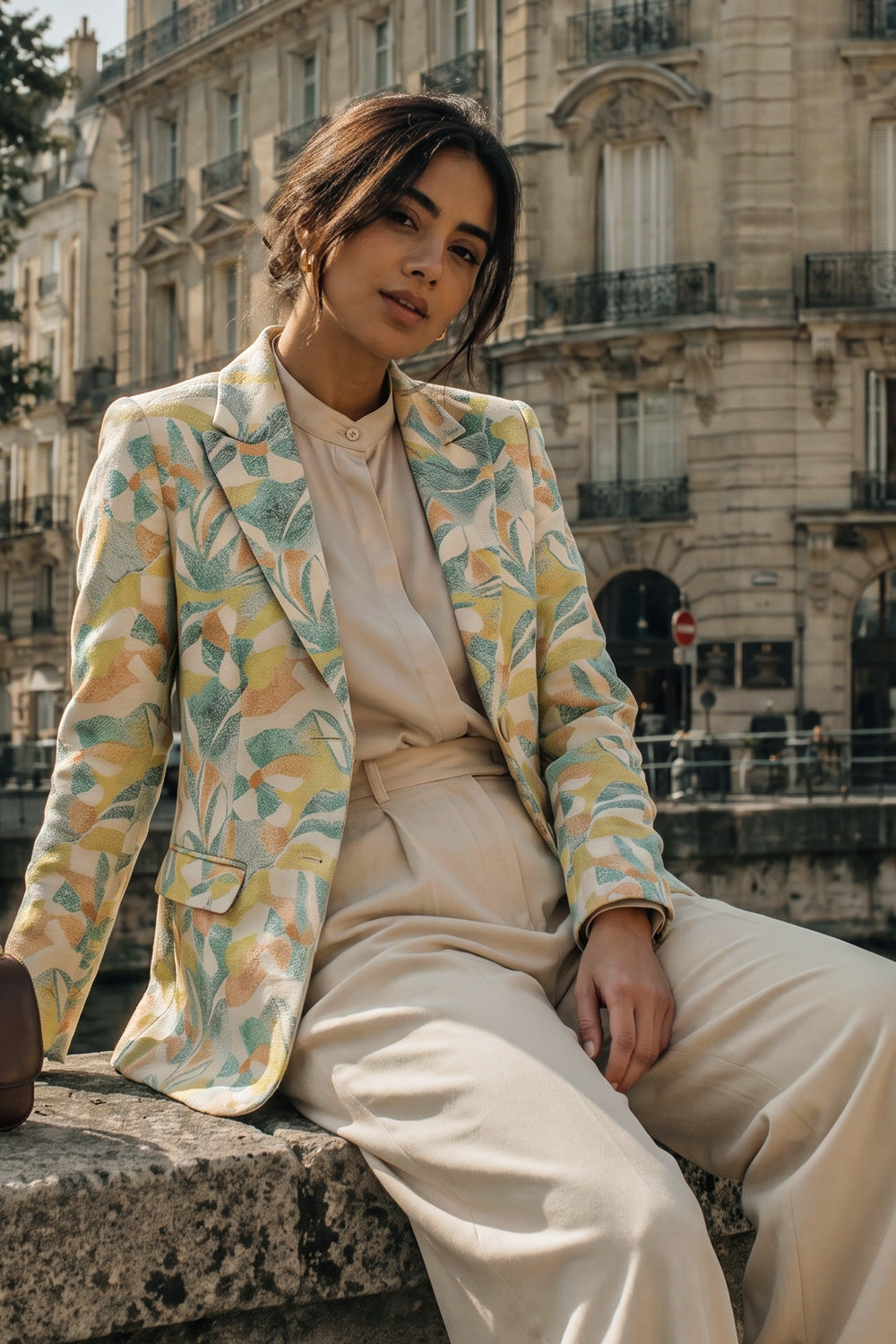 A woman sits on a stone ledge in front of a European-style building, wearing a light beige outfit with a yellow, green, and blue floral patterned silk blazer.
