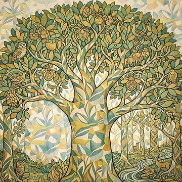 A stylized botanical artwork showing a large tree with fruit and birds, rendered in a decorative Art Nouveau line style. The scene includes green and yellow foliage, cream and tan background areas, and a smaller forest scene with animals in the lower right.