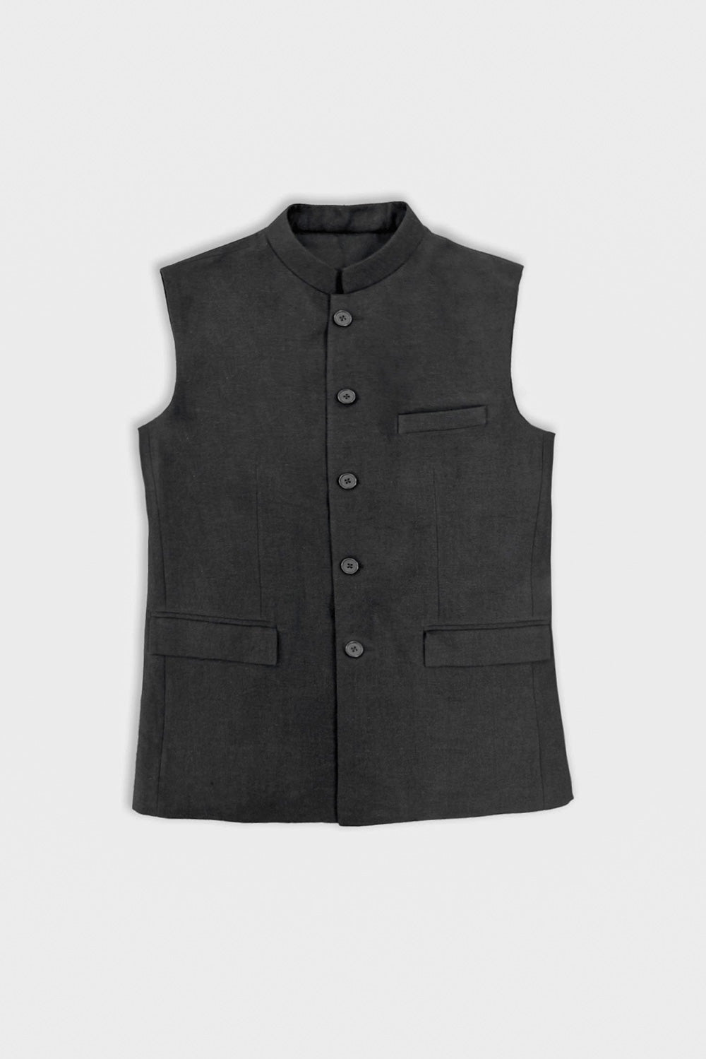A clean product shot of a black tailored men's linen Nehru jacket/vest featuring a mandarin collar, front button closure, a welt chest pocket, and two lower flapped pockets against a plain light background.