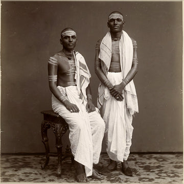 A historical sepia-toned studio portrait of two South Indian men dressed in traditional white dhotis and draped angavastrams, with sacred ash (vibhuti) markings on their foreheads, arms, and chests.