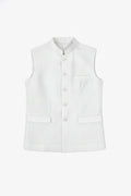 A clean product shot of a white tailored men's linen Nehru jacket/vest featuring a mandarin collar, front button closure, a welt chest pocket, and two lower flapped pockets against a plain light background.