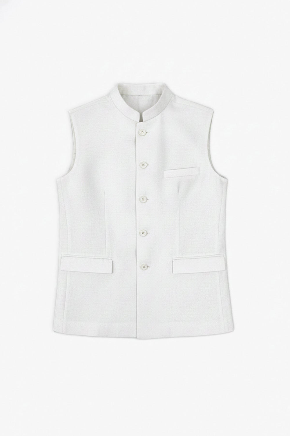 A clean product shot of a white tailored men's linen Nehru jacket/vest featuring a mandarin collar, front button closure, a welt chest pocket, and two lower flapped pockets against a plain light background.