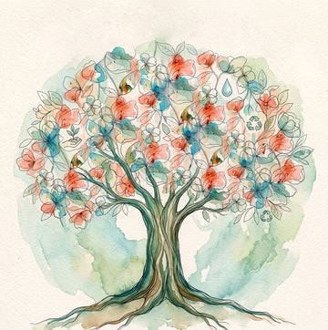 A watercolor-style illustration of a tree with roots, trunk, and foliage, decorated with paper envelopes, flowers, a teardrop, and recycling symbols on a textured off-white background.