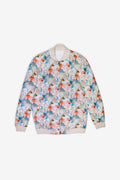 A long-sleeve bomber hrmp jacket featuring an all-over watercolor floral print on a white base, with beige ribbed collar, cuffs, and hem.