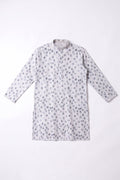 A white long-sleeve hemp kurta with a gray polka dot pattern, laid flat against a light gray background.