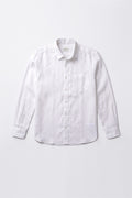 A white long-sleeve linen button-up shirt with a single chest pocket, laid flat against a light gray background.