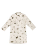 A long-sleeve cream-colored kurta with a muted green and brown floral print, laid flat against a white background.