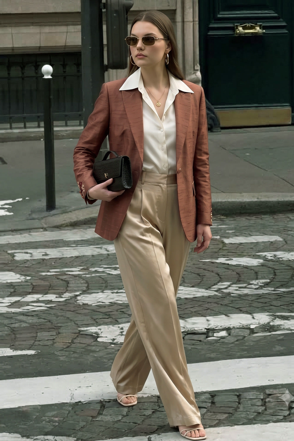 A woman walking on a city crosswalk wearing a rust-brown silk blazer, a cream button-up shirt, beige wide-leg trousers, and holding a black clutch bag.