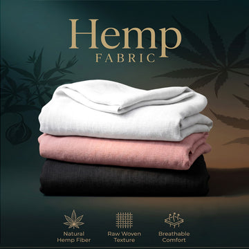Three folded fabric sheets in white, dusty pink, and black are stacked on a dark background with the text 'Hemp Fabric' and feature icons for natural hemp fiber, raw woven texture, and breathable comfort.