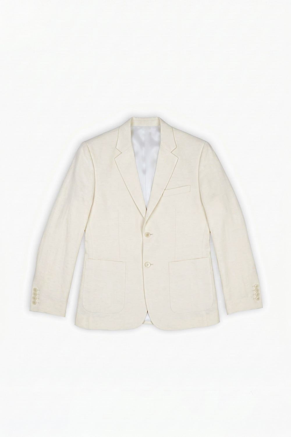 An off-white hemp blazer with a two-button front closure, displayed flat against a clean white background.