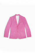 A bright pink hemp blazer jacket with notch lapels, two front buttons, and two front patch pockets, shown flat against a plain white background.