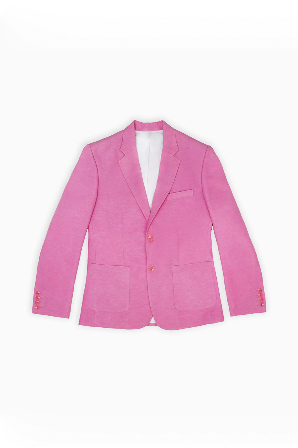 A bright pink hemp blazer jacket with notch lapels, two front buttons, and two front patch pockets, shown flat against a plain white background.