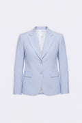 A light blue and white pinstriped linen blazer with notch lapels, two front buttons, and flap pockets, displayed on a clean white background.