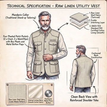 Technical specification diagram of a raw linen utility vest, showing front and back views of a man wearing the vest, with fabric cross-section details and material close-ups on a beige background.