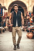 Man walking through a market wearing a black vest, beige pants, and brown boots.