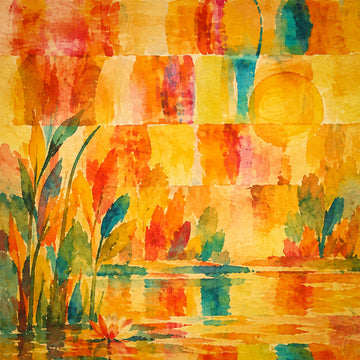 Watercolor landscape painting featuring a warm sunset scene with a yellow sun, orange and red foliage, green reeds, and reflections in water.