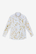 A white long-sleeve button-up shirt with a scattered gold foil pattern, displayed flat against a light gray background.