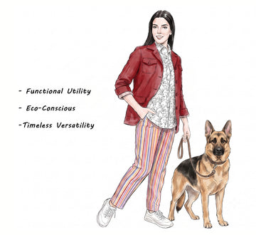 A fashion illustration of a woman wearing a red jacket, white patterned shirt, and colorful striped pants, standing next to a German Shepherd on a leash. Text on the left reads: 'Functional Utility', 'Eco-Conscious', and 'Timeless Versatility'.