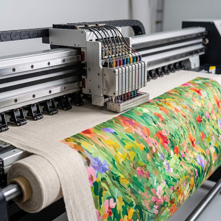 A large industrial digital printer or sublimation machine printing a colorful floral pattern onto a roll of beige fabric, shown in a clean studio or workshop setting.