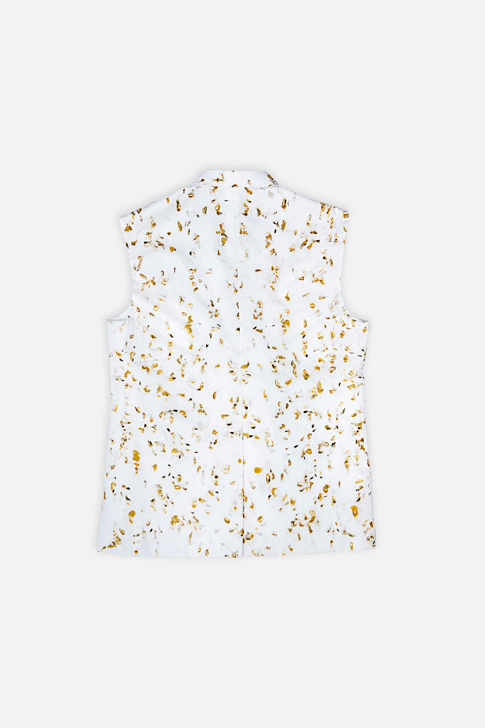 A sleeveless white collared shirt with a gold and black speckled pattern, displayed flat against a light gray background.