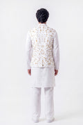 A man viewed from the back wearing a white traditional outfit with a white kurta, white trousers, and a white vest decorated with a gold floral pattern, set against a plain white background.