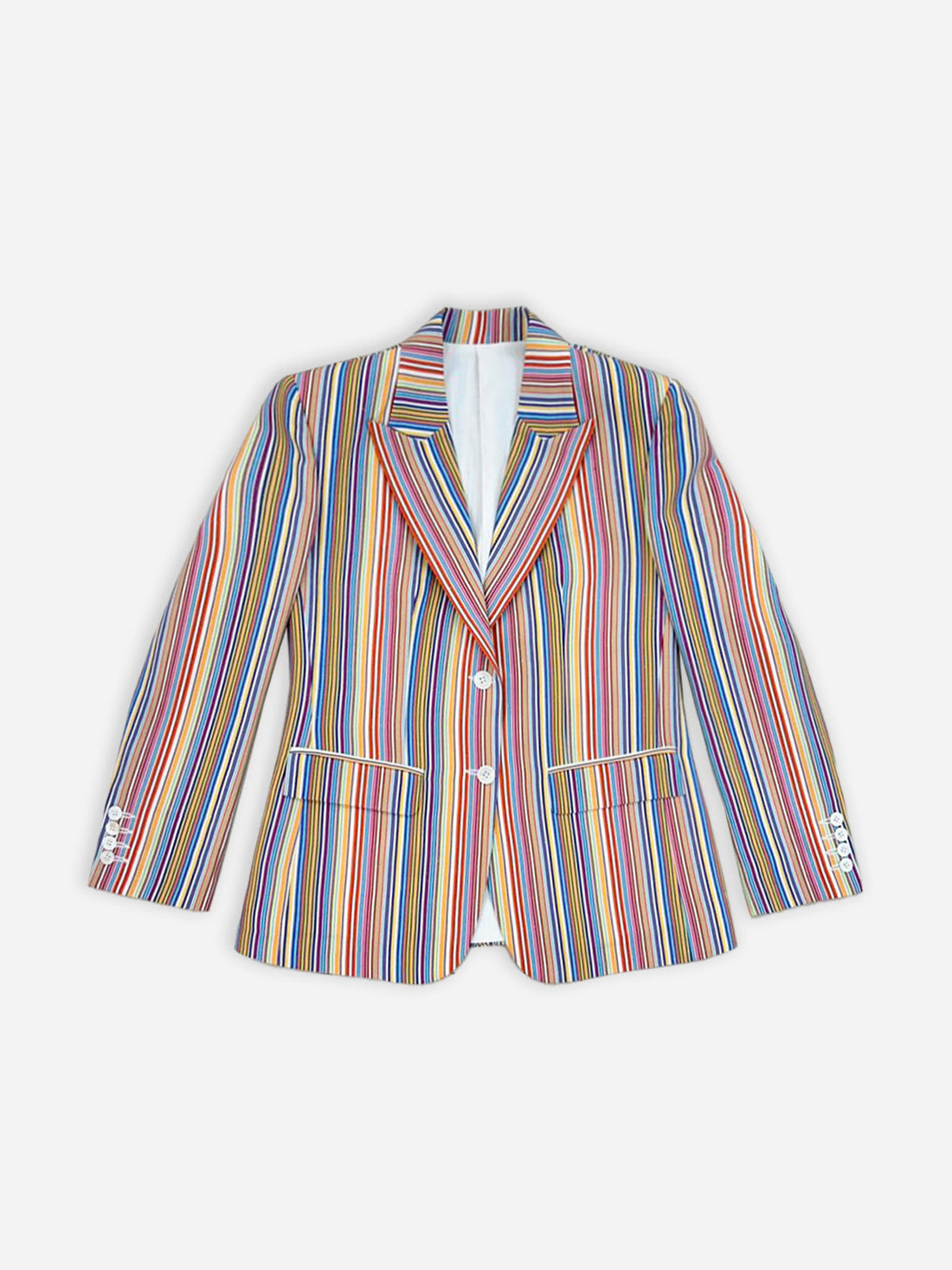 Woman wearing a striped Linen blazer and white pants on a plain background