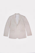 A light beige textured linen blazer with a subtle geometric pattern, featuring notch lapels, a two-button front closure, and flap pockets, laid flat against a white background.
