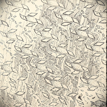 A close-up of a patterned fabric or wallpaper featuring a dense, hand-drawn style illustration of fish swimming through water in black ink on a warm cream background.