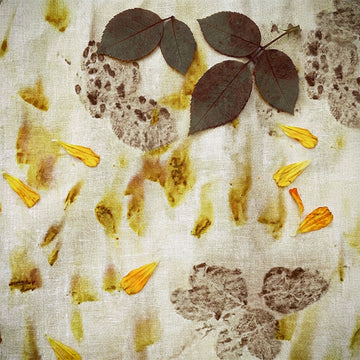 A close-up of a textured cream fabric with pressed botanical elements, including dark brown leaves, yellow flower petals, and circular pressed flower stamps.